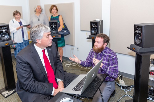 HHS Deputy Secretary Eric Hargan participates in technology demonstration simulating a noisy real-world environment at Gallaudet University with David Thornton.