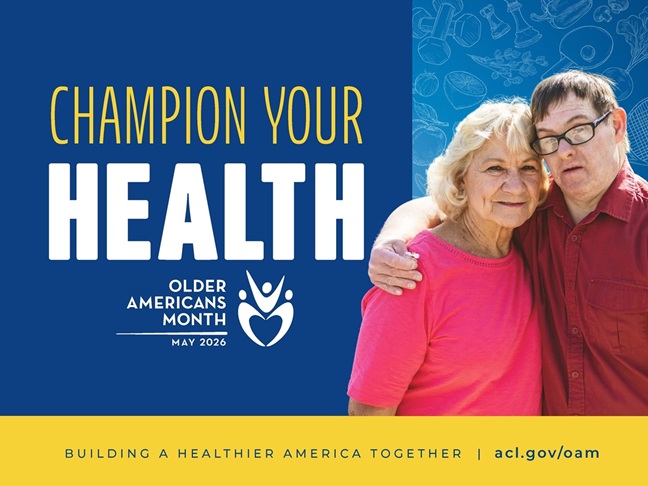 OAM 2026 poster with the theme, "Champion your health," the oam logo, and  smiling older white woman in a bright pink shirt standing closely with a younger white man with Down Syndrome wearing glasses and a red button-up shirt, his arm around her shoulders.