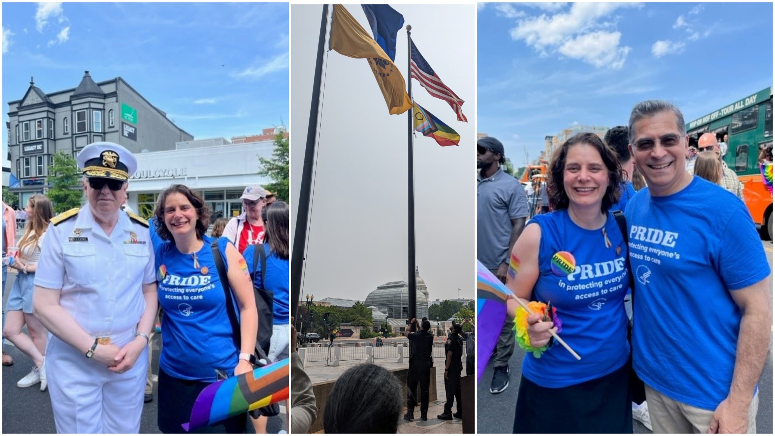 Photos of ASA Barkoff with Sec. Becerra and ADM Levine and the Pride Flag flying