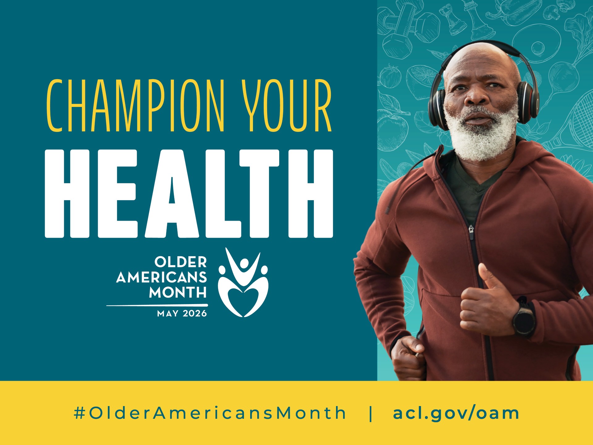 OAM 2026 social media graphic featuring the theme "Champion your health," the oam logo, and an older Black man with a white beard wearing headphones and a red sweatshirt jacket while jogging.